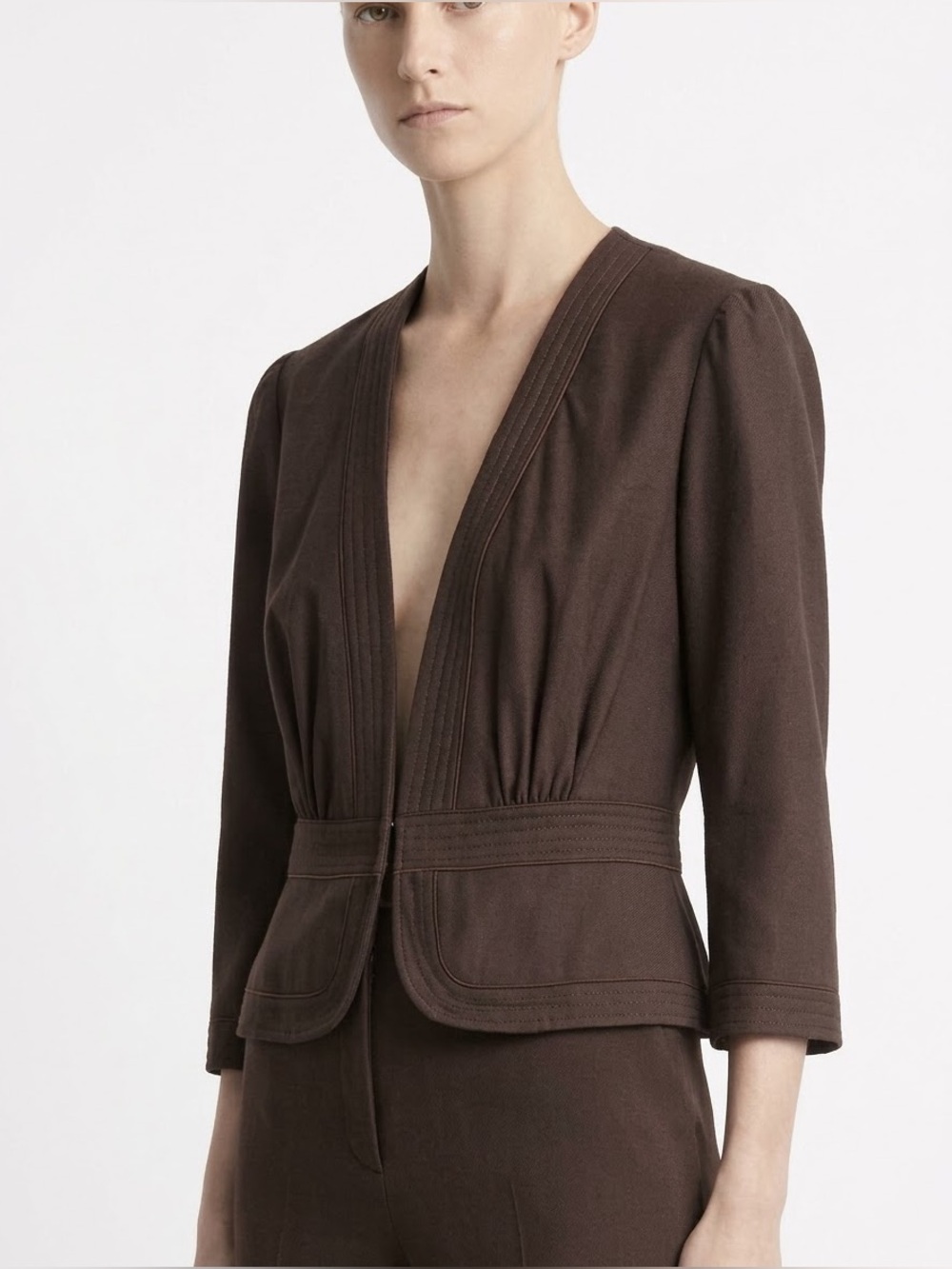 Mint Jodi Arnold Chocolate Brown Wool Cropped Collarless Blazer Jacket 8 Vintage